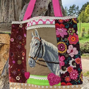 Bag horse, embroidered, tapestry, mix and match, upcycling