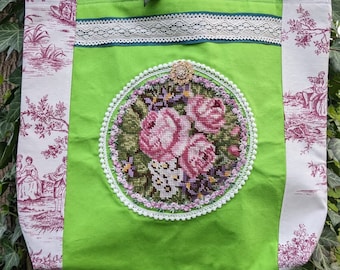 Bolso verde primavera, Toile de Jouy, bordado, corazones, romántico, upcycling, vintage