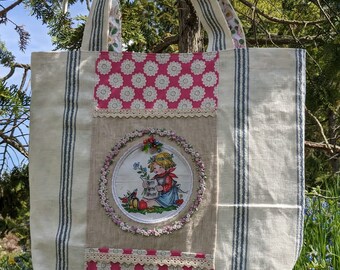 Bolso shopper pájaro niña cantando pañuelo upcycling lino margarita primavera verano Día de la Madre costura