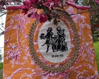 Toile de Jouy, bolso tote, shopper, barroco, rococó, Toile de Jouy, crochet dorado, bordado antiguo, amor, castillo