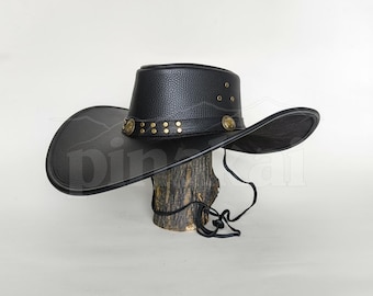 Wide Brim Black Leather Cowboy Hat: Vintage Outback Style, Concho Band