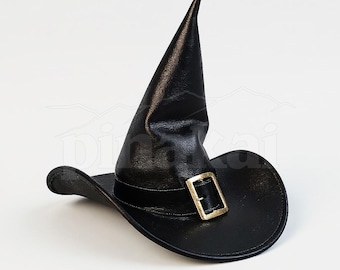 Cappello da strega in pelle nera a tesa larga con fibbia dorata