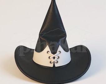Black Leather Witch Hat: Laced Band, Wide Brim - Cosplay, Halloween