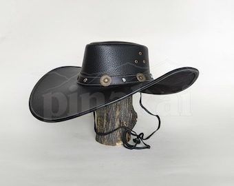 Handmade Black Full Grain Leather Cowboy Hat: Outback Style, Concho Band