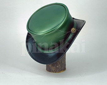 Handmade Emerald Green Leather Top Hat – Steampunk Cosplay, Brass Accent