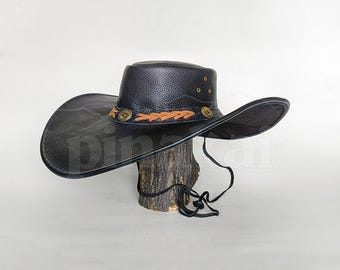 Handmade Black Leather Cowboy Hat: Outback Western Style, Antique Conchos
