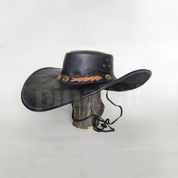 Handmade Black Leather Cowboy Hat: Outback Western Style  display picture 3