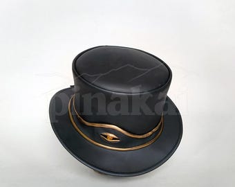 Handmade Black Leather Top Hat: Steampunk Gothic Cosplay with Gold Eye