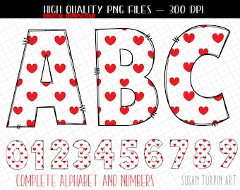 Valentine Red Hearts Doodle Alphabet for sublimation, Alphabet letters, PNG alphabet, PNG numbers, Clip Art Alphabet