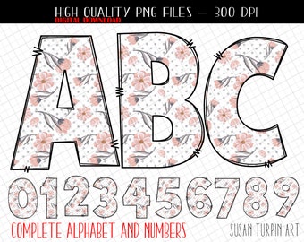 Floral Doodle Alphabet sublimation letters and numbers, Alphabet letters, PNG alphabet, PNG numbers, Clip Art Alphabet