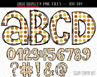 Fall Polka Dots Alphabet PNG letters and numbers, Doodle Handwritten Font, Doodle Alphabet letters, PNG alphabet, PNG numbers