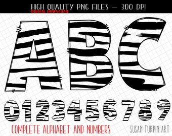 Zebra Alphabet Doodle letters PNG, Doodle Alphabet letters, PNG alphabet, PNG numbers, Clip Art Alphabet