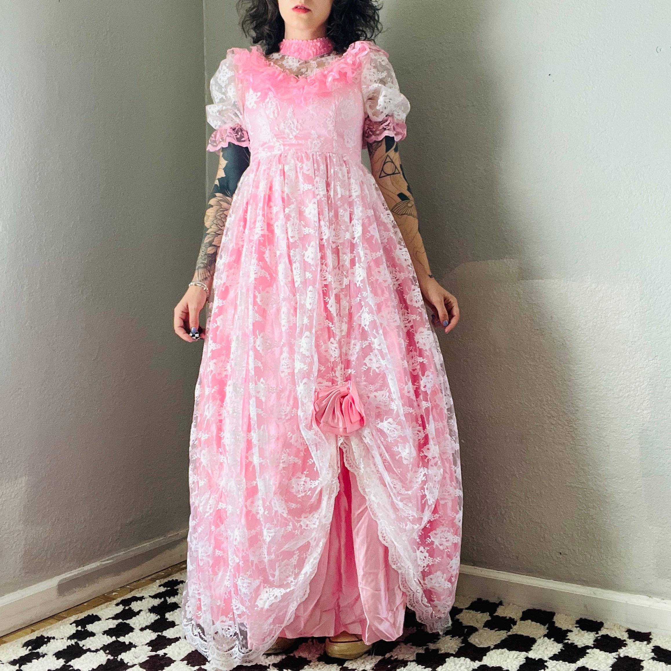 80s pink lace ballgown dress