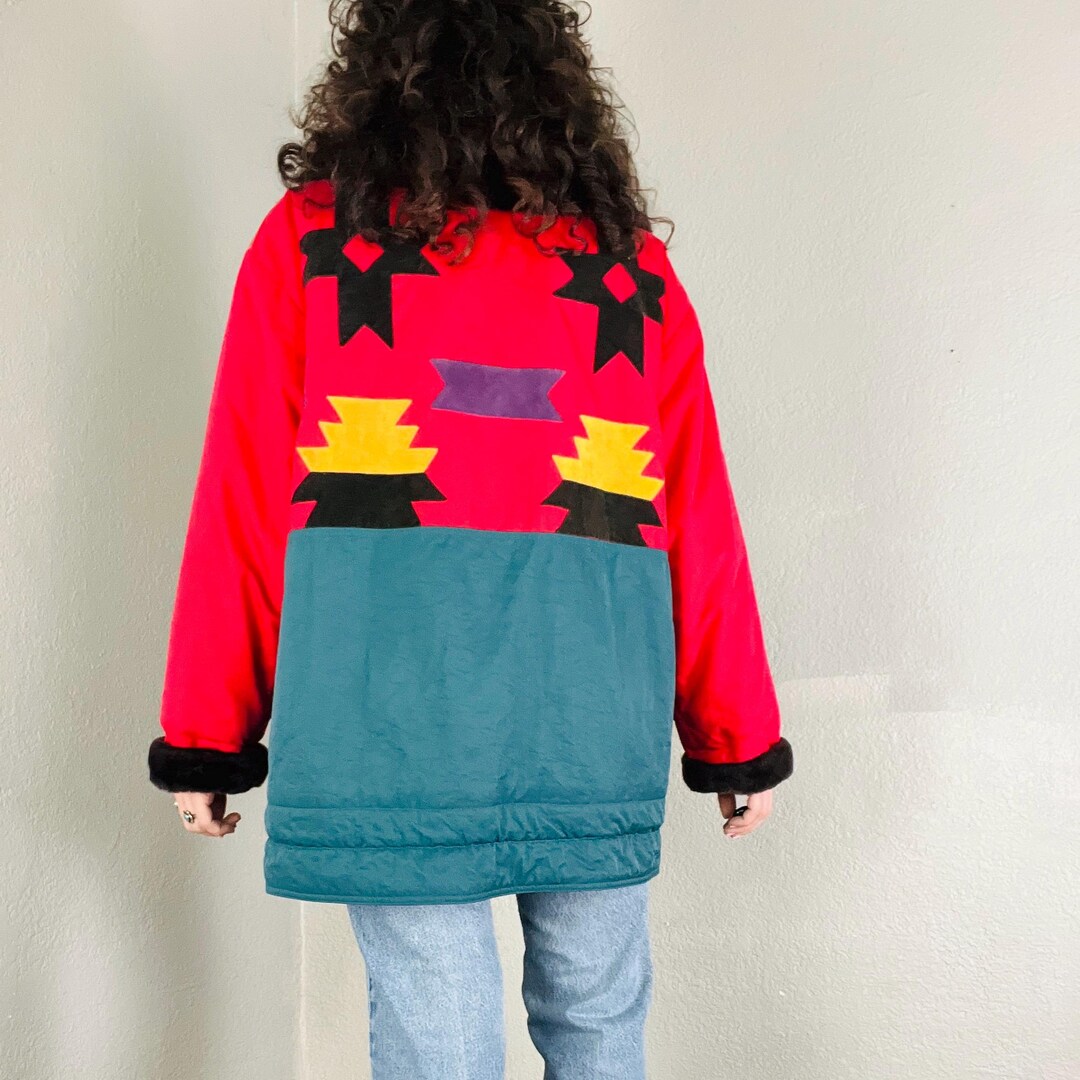 80s Mulberry Street Aztec Print Puffer Fur Trim Jacket - Etsy
