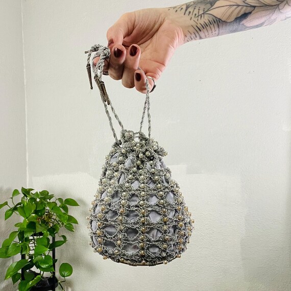 Antique beaded pearlescent crochet purse