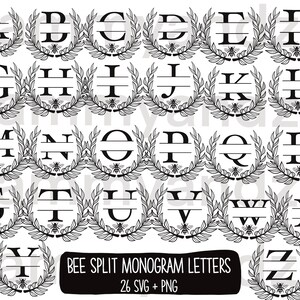 May include: Black and white split monogram letters A through Z, each within a laurel wreath design, with a bee at the bottom. The text "BEE SPLIT MONOGRAM LETTERS 26 SVG + PNG" is at the bottom.