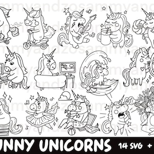 Pacchetto unicorni divertenti svg e png, clipart unicorno carino, unicorno svg per cricut, file per uso commerciale