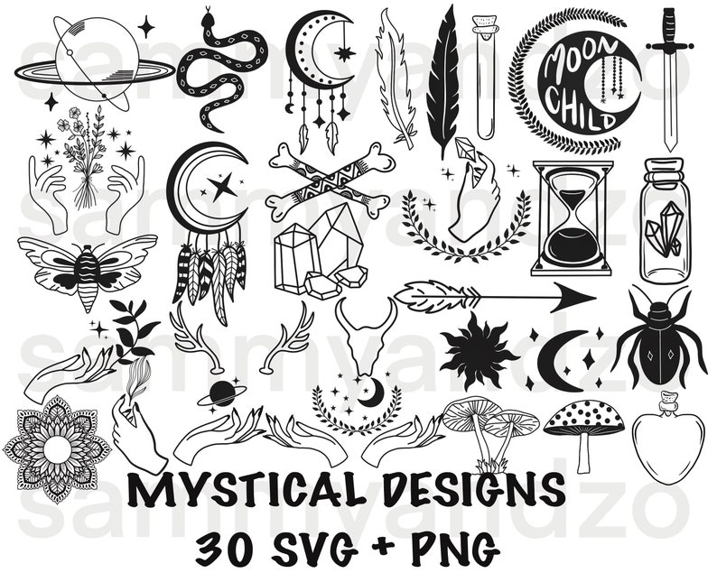 30 hand-drawn mystical designs in svg and png formats. digital download only.