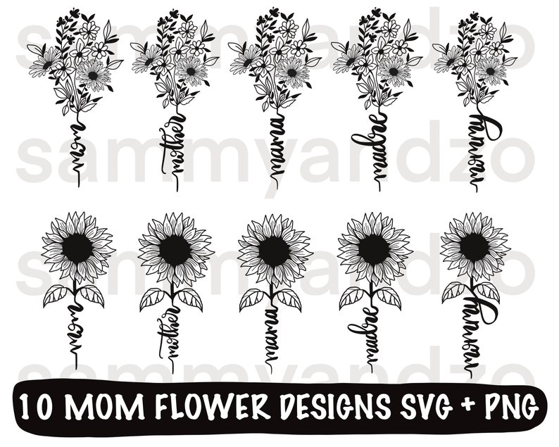 10 hand-drawn mom flower designs in svg and png formats. digital download only.