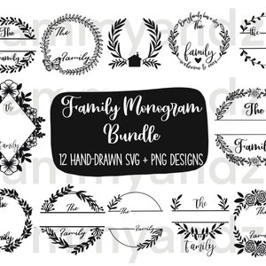 12 hand-drawn family monogram designs in svg and png formats. digital download only.