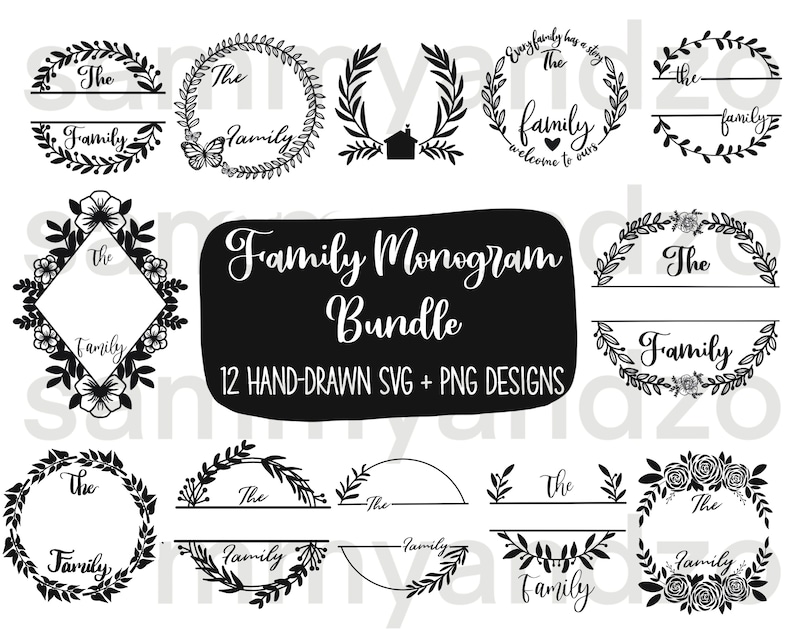 12 hand-drawn family monogram designs in svg and png formats. digital download only.