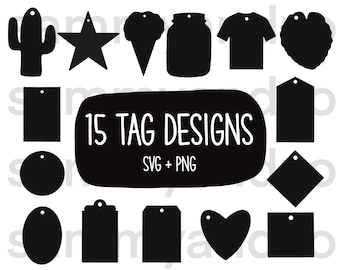 May include: Fifteen black and white tag designs for crafting and gift giving. The designs include a cactus, star, ice cream cone, jar, t-shirt, heart, circle, rectangle, diamond, and oval. The text "15 TAG DESIGNS" and "SVG + PNG" are also included.