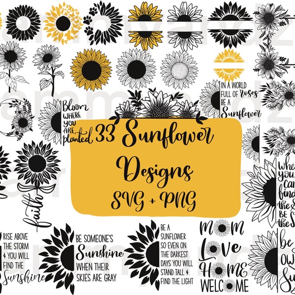 33 sunflower svg png files| sunflower monogram svg| cricut cutting files| sunflower wreath svg| sunflower clipart| instant download| cricut