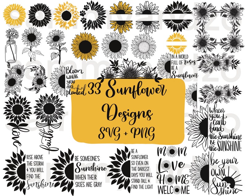 33 sunflower svg png files| sunflower monogram svg| cricut cutting files| sunflower wreath svg| sunflower clipart| instant download| cricut 