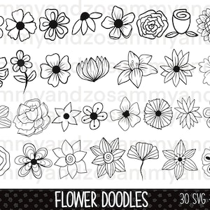 Könnte beinhalten: Ein Set mit 30 Schwarzweiß-Blumen-Doodle-Illustrationen. Die Doodles sind in verschiedenen Stilen gehalten, darunter einfach, verspielt und detailliert. Die Doodles eignen sich perfekt für die Verwendung im Scrapbooking, Kartenbasteln und anderen Bastelprojekten.