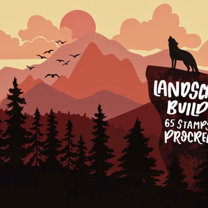 May include: A digital illustration of a wolf howling at the moon in a mountainous landscape with a sunset sky. The text "Landscape Builder 65 Stamps for Procreate" is in the lower right corner of the image.
