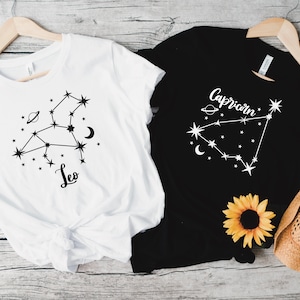 T shirt mockup featuring Leo and Capricorn constellations