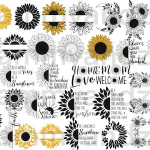 33 hand-drawn sunflower designs in svg and png formats. digital download only.
