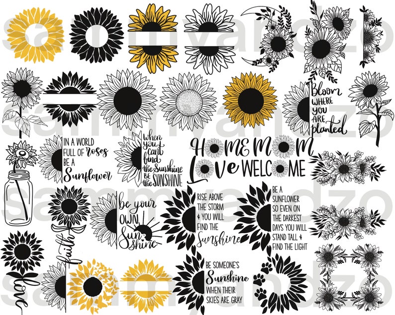 33 hand-drawn sunflower designs in svg and png formats. digital download only.
