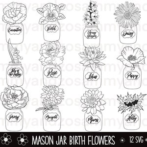 Mason jar birth month flowers/ svg cut files cricut/ birth month flowers svg/ zodiac svg/ mason jar svg/ cricut svg png bundle/ birthday svg