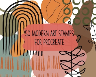 May include: 50 Modern Art Stamps for Procreate. Abstract digital art stamps in various colors and shapes, including a rainbow, circles, and a line drawing of a face.
