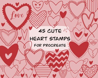 May include: A set of 45 cute heart stamps for Procreate. The stamps are in various styles, including hearts with dots, stripes, and zigzags. The hearts are red and white.