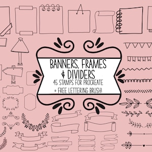 45 banners frames and dividers for procreate| procreate stamps| procreate brushes| Journal doodles| journal clipart| banner stamps| frames