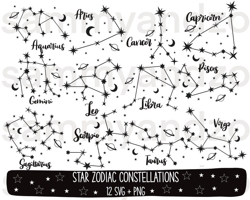 12 SVG and PNG files featuring zodiac constellations for each birth month.