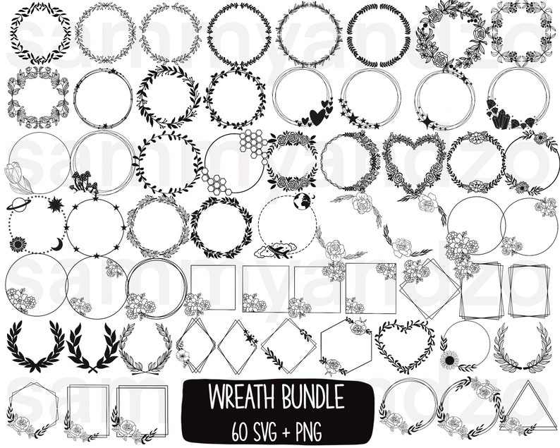 60 svg and png files of hand-drawn wreaths. digital download only.