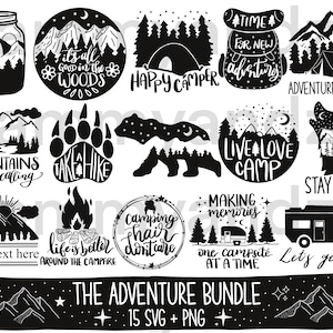 15 Adventure svg png designs| hand lettered svg| camping svg| camping design svg| mountain svg| campfire svg| happycamper svg| cricut