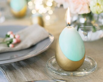 Oeuf de bougie de Pâques, décoration de table de Pâques menthe et dorée, cadeau de Pâques douillet