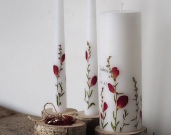 Personalized Unity Candles with Red Real Dried Flowers, Very Berry Wedding Ceremony Candle Set