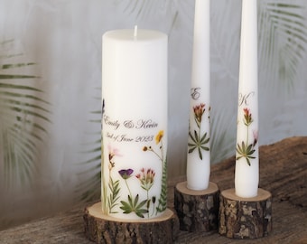 Unity Candle Set with Real Pressed Flowers, Wedding Ceremony Candles with Natural Wild Meadows Flowers, Boho Wedding Decoration