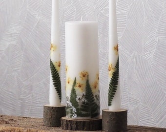 Unity Candle Set with Real Fern Leaves, Jasmine And Baby's Breath Flowers, Greenery Wedding Ceremony Candles With Pressed Flowers