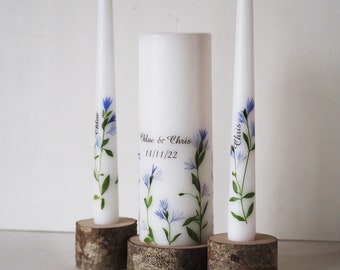 Wedding Ceremony Candle Set with Blue Flowers, Personalized Unity Candle Set with Real Blue Pressed Flowers, Wedding Gift