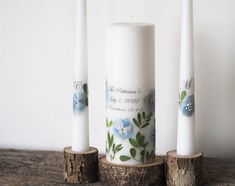 Personalized Unity Candle Set With Blue Hydrangea - Real Pressed Flowers Decoration
