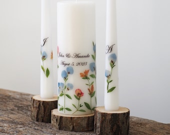 Personalized Unity Candle Set with Real Dried Flowers, Summer Wedding Ceremony Candles And Holders