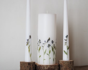 Unity Candle Set with Real Pressed Flowers, Wedding Ceremony Candles with Blue Flowers, Something Blue For Wedding