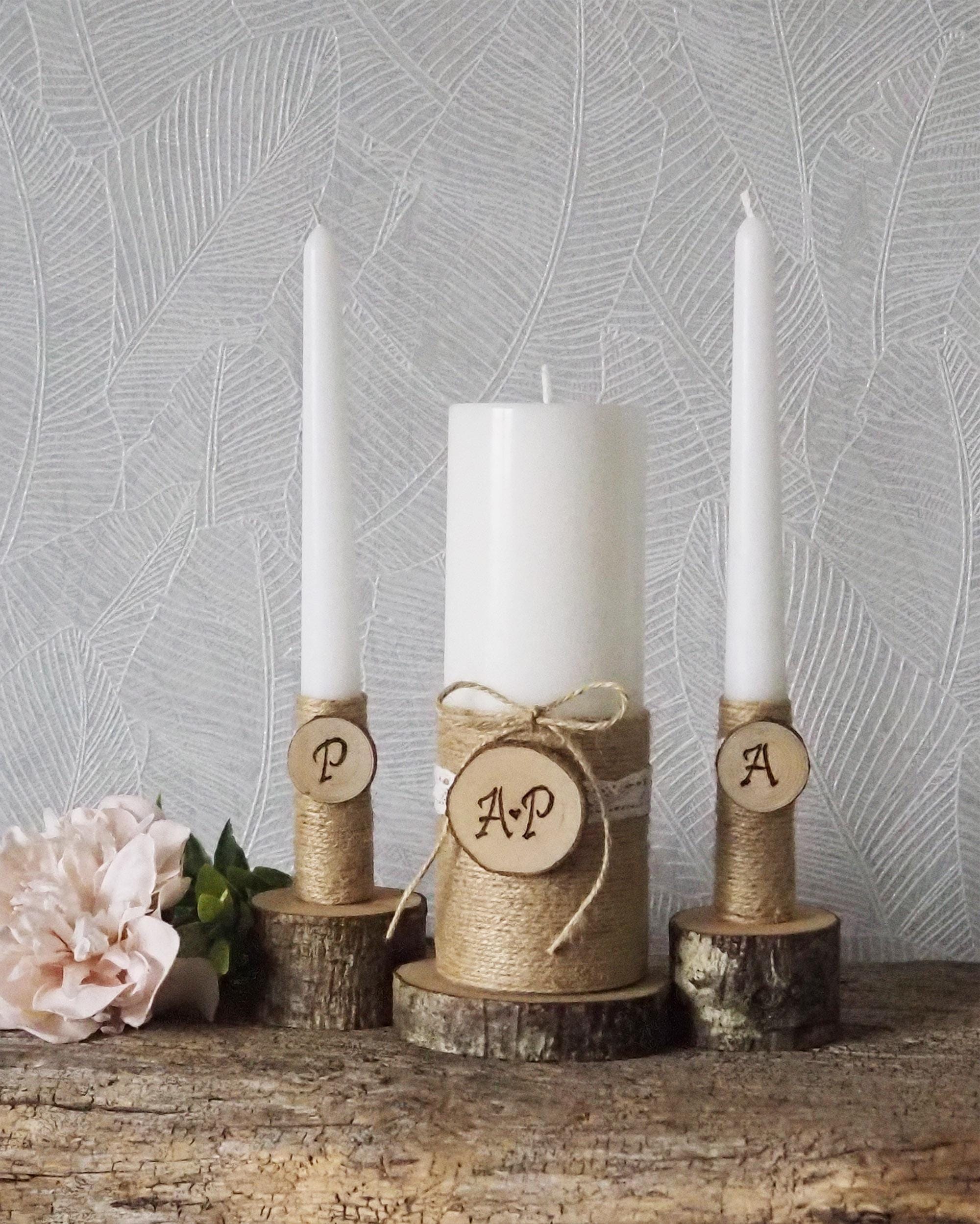 Personalized Rustic Unity Candle Set: Twine & Wood Slice Initials - Etsy