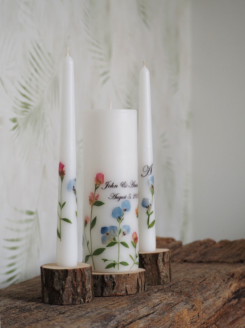 Set di candele Unity personalizzato con veri fiori secchi, candele e portacandele per cerimonie nuziali estive immagine 5